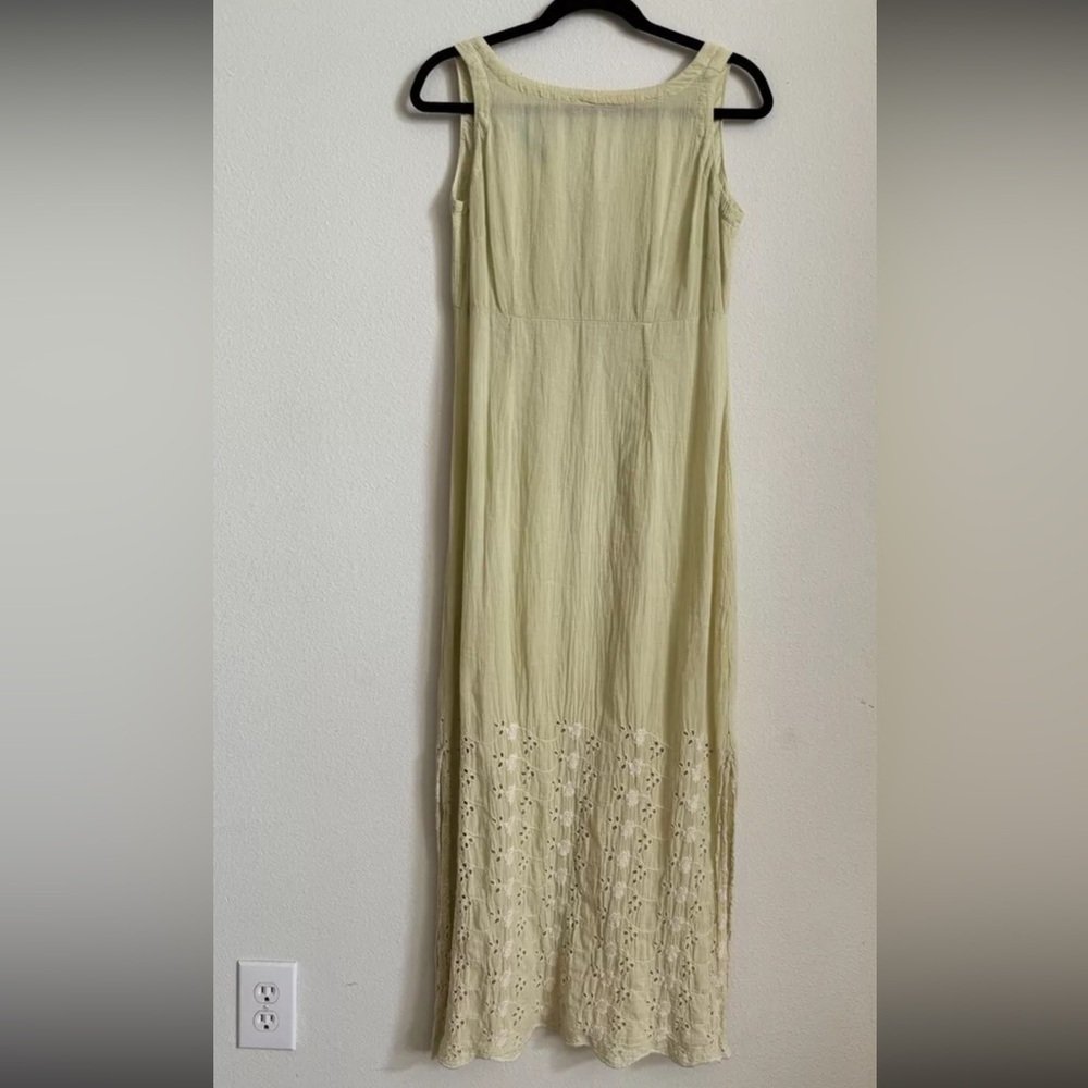 Vintage 90s Johnny Was cotton eyelet sheer yellow green Lagenlook maxi dress